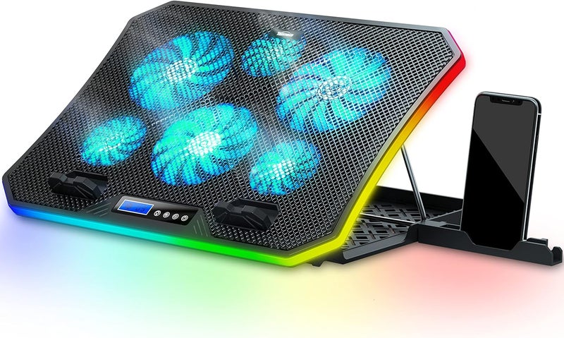 TopMate C12 Laptop Cooling Pad RGB Gaming Notebook Cooler for Desk and Lap Use, Laptop Fan Stand 8 Adjustable Heights with 6 Quiet Fans and Phone Holder, for 15.6-17.3 Inch Laptops-Ice Blue LED Light - Image 1